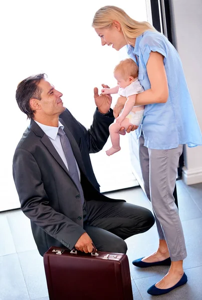 Best Part Day Young Father Coming Home His Cute Baby — Stock Photo, Image