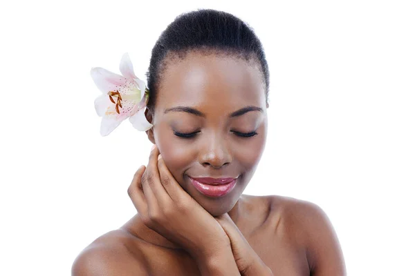 Delicate Touch Studio Shot Young African American Model Flower Isolated — Stock Photo, Image
