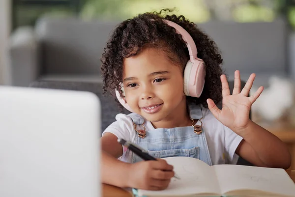 Videollamada Computadora Portátil Educación Saludan Los Niños Comunicación Línea Clase —  Fotos de Stock