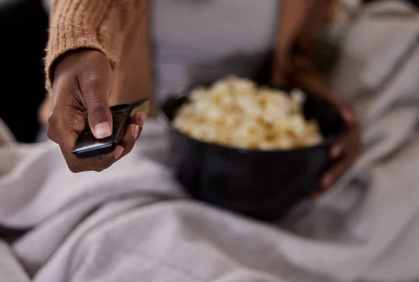 Time High Angle Shot Unrecognizable Woman Eating Popcorn While Watching — Stock Photo, Image