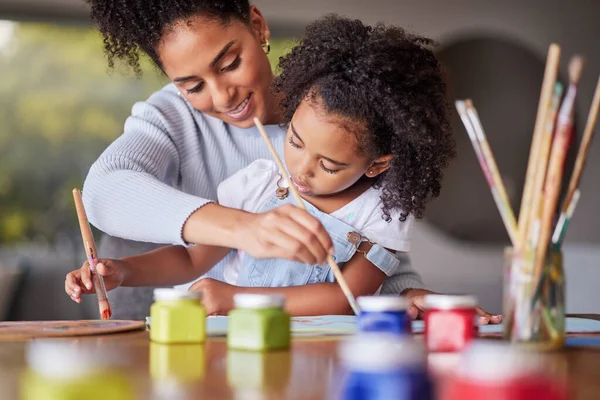 Art education, mother and child painting for an art preschool project with a young mom helping her daughter at home. Kindergarten, love and creative painter with brush teaching and drawing with girl.