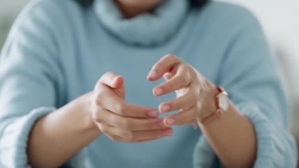 Woman Cracking Knuckles Her Hands Anxiety Nervous Gesture Close Young — Stock Video