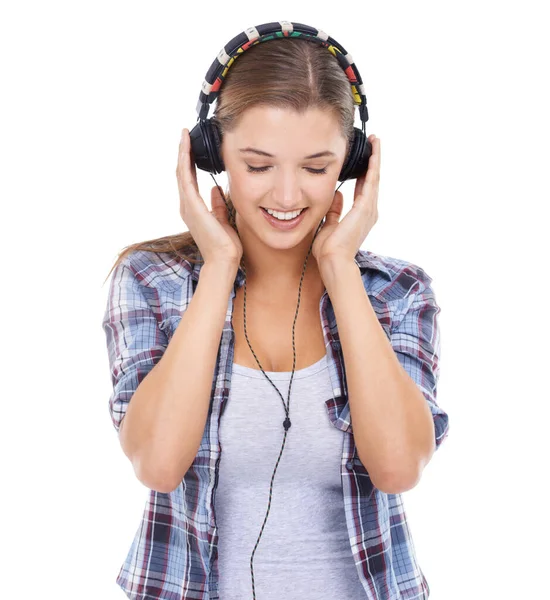 Perdido Música Estúdio Tiro Uma Jovem Atraente Ouvindo Música Fones — Fotografia de Stock