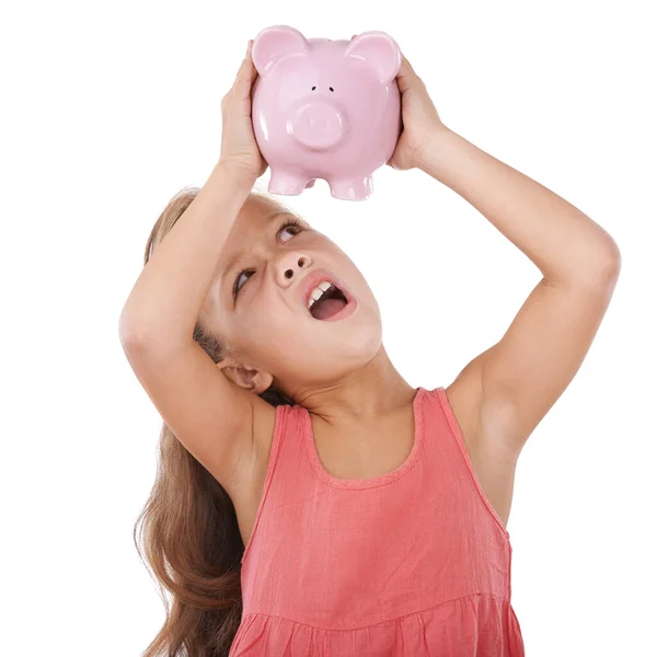 Manteniendo Ojo Sus Ahorros Una Adorable Niña Buscando Dinero Alcancía — Foto de Stock