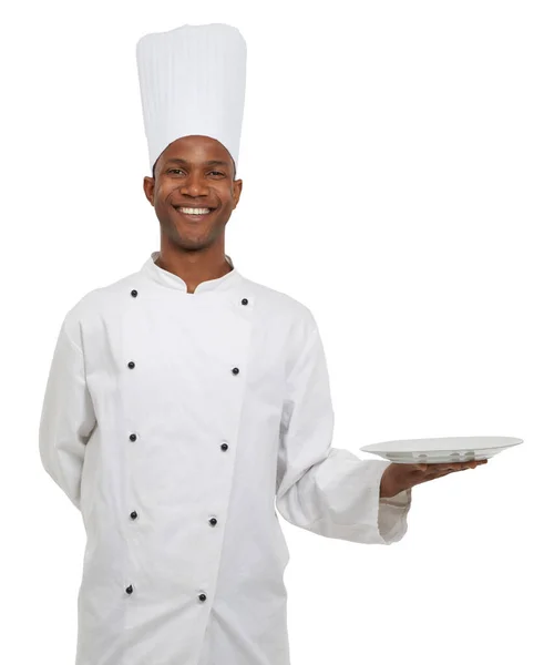Sie Entscheiden Auf Den Teller Kommt Ein Glücklicher Afrikanischer Koch — Stockfoto