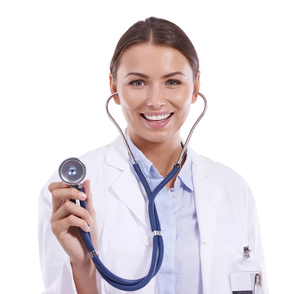Miej Oko Swoje Zdrowie Piękny Lekarz Trzymający Stetoskop Uśmiechający Się — Zdjęcie stockowe