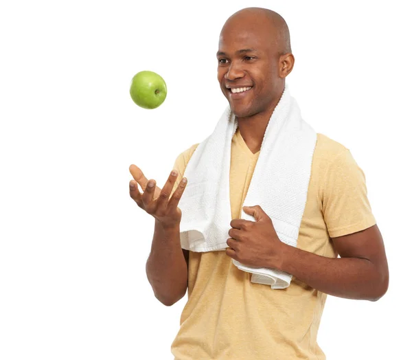 Hezký Zdravý Pohledný Afroameričan Který Vyhazuje Jablko Vzduchu — Stock fotografie