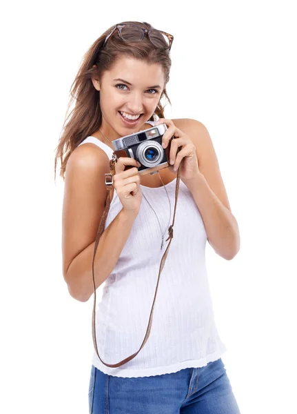 Living Life Photography Studio Portrait Young Woman Holding Vintage Camera — Stock Photo, Image