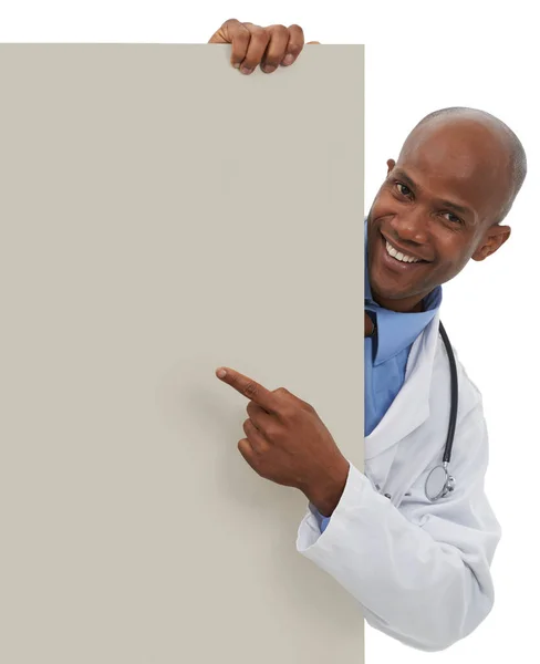 Endorsing Your Healthcare Message Young Doctor Pointing Area Reserved Copyspace — Stock Photo, Image