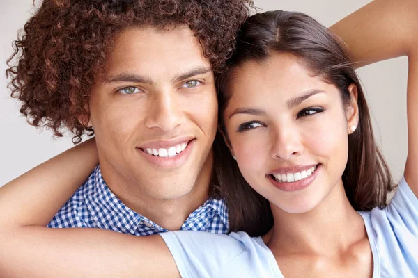 Love Closeup Studio Shot Happy Young Ethnic Couple Holding Each — Stock Photo, Image