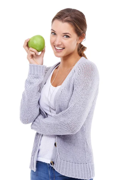 Výborné Zdravé Nádherná Mladá Brunetka Drží Jablko Zatímco Izolované Bílém — Stock fotografie