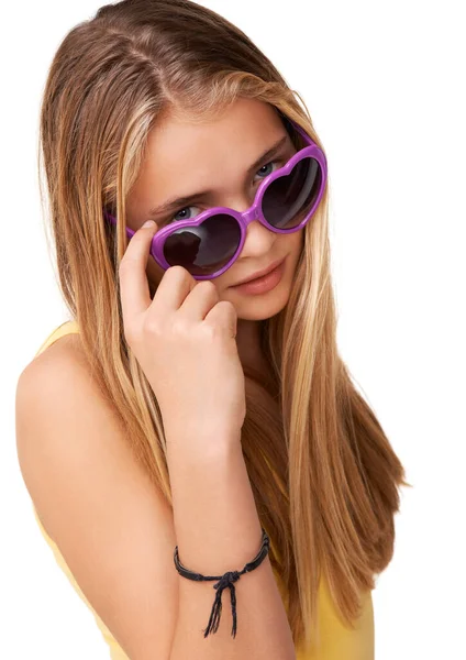 Mirándote Retrato Una Linda Adolescente Mirando Por Encima Sus Gafas — Foto de Stock