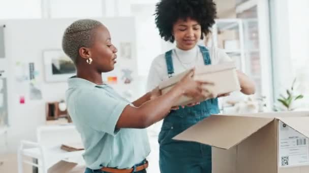 出荷製品を持つビジネス女性のチーム スタートアップ Eコマース オンラインショッピング会社のためのオフィスの黒人女性顧客のための箱にパッケージや株式を入れて — ストック動画