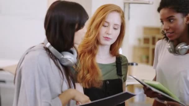 Молодая Женщина Творческом Маркетинговом Дизайнерском Стартапе Вместе Обсуждают Маркетинговый Проект — стоковое видео