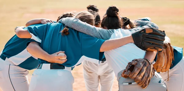 Baseball, support and team together in a motivation, game and training on a pitch or field, Women athlete or club with teamwork, collaboration and conversation in a sports match outdoor in summer.