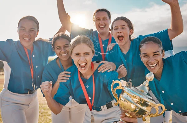 Women baseball team portrait, winning trophy celebration and sports success, champion and competition achievement. Happy girls softball players, winners group and excited athletes holding award prize.