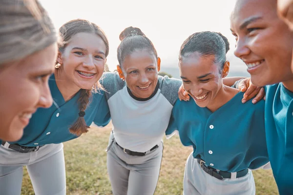 Teamwork, support and sports with women baseball athlete in planning crowd for collaboration, community and strategy. Vision, motivation or training with group of softball player for success exercise.