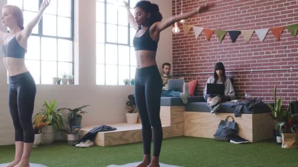 Empresa Creativa Yoga Salón Estudiantes Personas Estudio Bienestar Social Trabajando — Vídeos de Stock