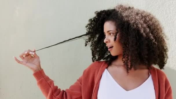Cheveux Heureux Sourire Avec Une Femme Noire Avec Afro Debout — Video