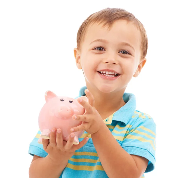 Aprendendo Hábitos Poupança Jovem Retrato Estúdio Menino Segurando Banco Porquinho — Fotografia de Stock