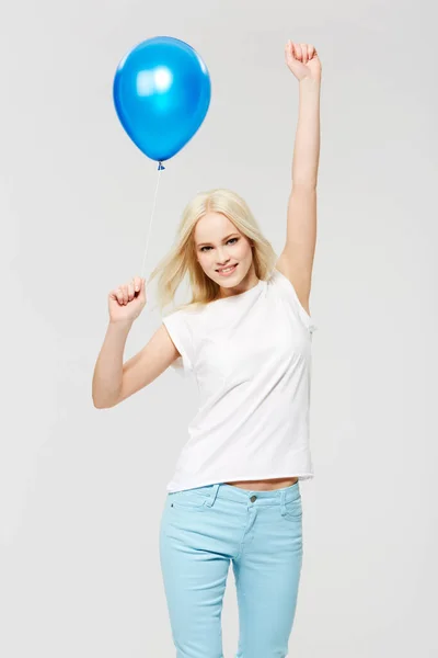 Feeling Excitement Young Woman Holding Balloon White Background — Stock Photo, Image