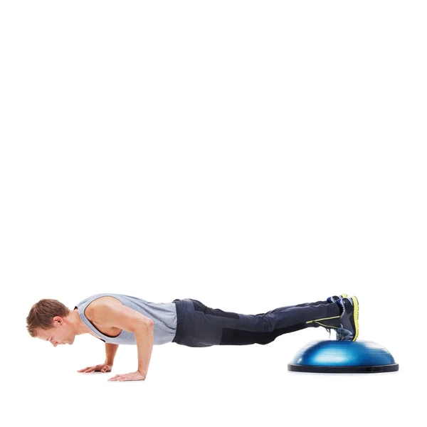 Hij Volgt Een Effectief Trainingsplan Een Jongeman Die Push Ups — Stockfoto