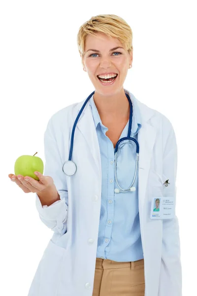 Wiesz Mówią Jabłku Dziennie Młody Uśmiechnięty Doktor Trzymający Zielone Jabłko — Zdjęcie stockowe