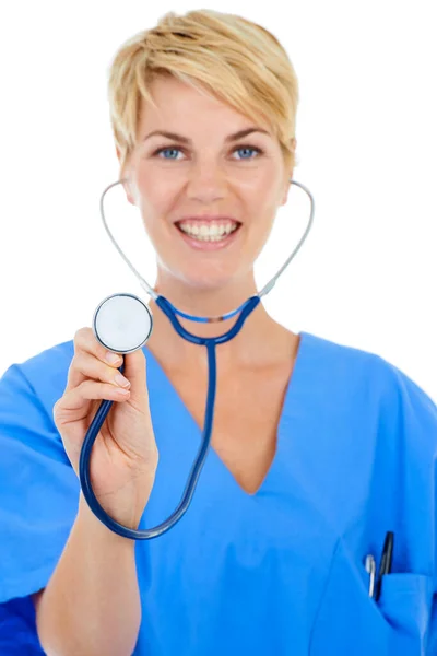 Redo För Kontroll Ung Leende Läkare Håller Upp Stetoskopet Mot — Stockfoto