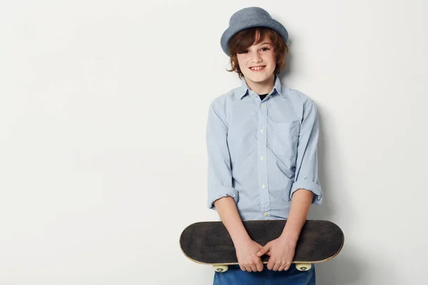 His Preferred Mode Transport Cute Preteen Boy Wearing Trendy Attire — Stock Photo, Image