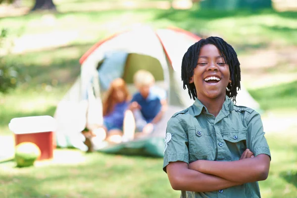 Braving Great Outdoors Boy Standing Front His Campsite — Stock Photo, Image