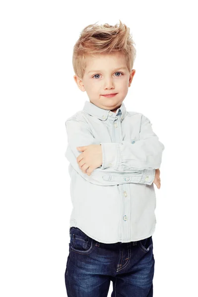 Дитяча Мода Студійний Знімок Стильного Молодого Хлопчика Ізольовано Білому — стокове фото