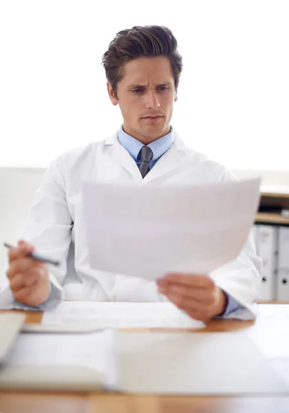 Going Results Again Concerned Young Doctor Sitting His Desk Going — Stock Photo, Image