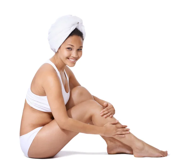 Comfortable Her Curves Beautiful Young Woman Underwear Towel Sitting White — Stock Photo, Image