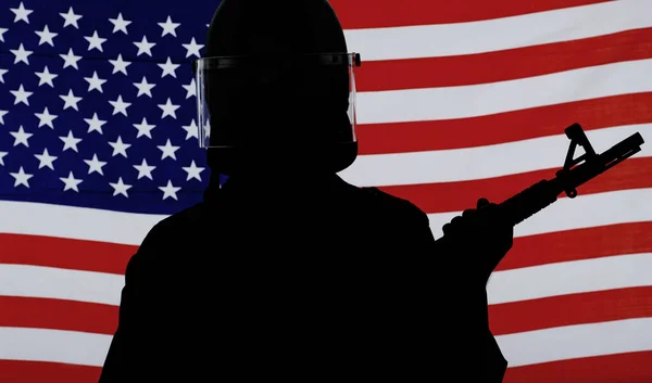 Serving America Silhouette Soldier Rifle American Flag — Stock Photo, Image