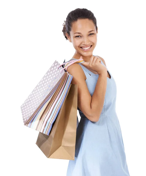 Ela Adora Fazer Compras Jovem Mulher Sorrindo Enquanto Mantém Suas — Fotografia de Stock