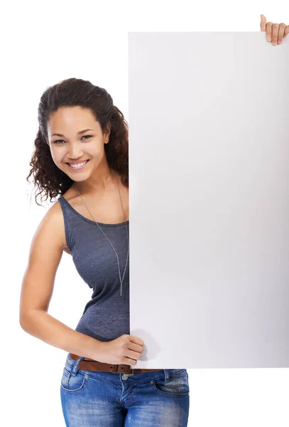 Advertentie Weergeven Portret Van Een Mooie Jonge Vrouw Met Een — Stockfoto