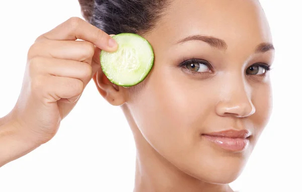 Nature Heart Skincare Closeup Gorgeous Young Woman Holding Slice Cucumber — Stock Photo, Image