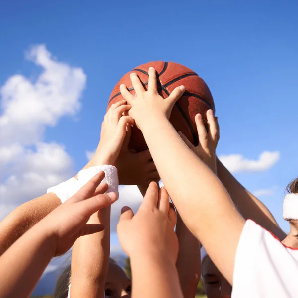 Hands Group Basketball Players Hands Holding Basketball Together — Stock Photo, Image