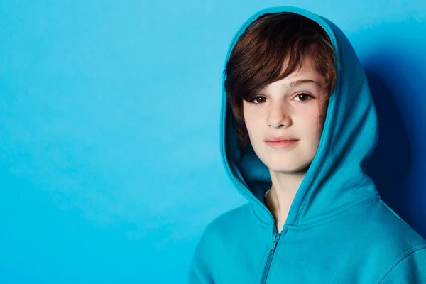 Confident Casual Portrait Young Boy Wearing Blue Hoodie Studio — Stock Photo, Image