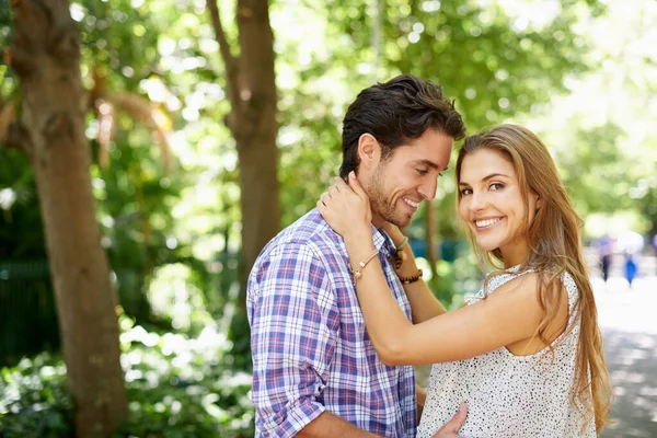 Hes Always Caring Portrait Happy Young Couple Standing Arm Arm — Stock Photo, Image