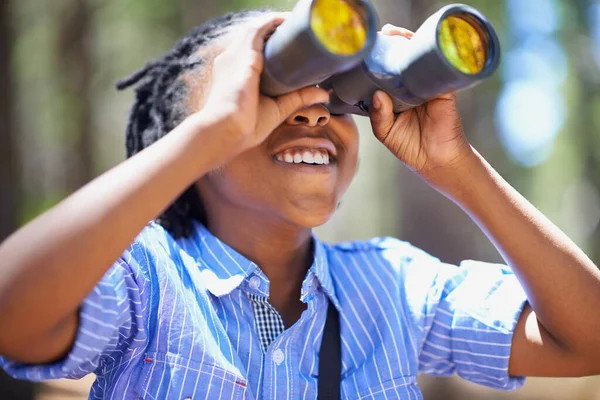 Loves Bird Watching Young Boy Out Woods Pair Binoculars — Stock Photo, Image