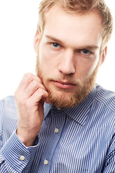 Прикидываешься Храбрым Портрет Небритого Молодого Человека Трогающего Свою Бороду Изолированного — стоковое фото
