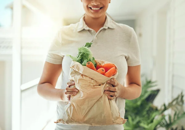 야채를 식료품 봉지에 채식주의자 만들고 여성의 성분을 있습니다 암컷의 — 스톡 사진