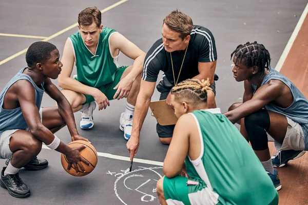 Basketball, team and sport teamwork coach match planning a fitness exercise and game. Motivation, athlete training and sports workout of people start game strategy together on a outdoor court.