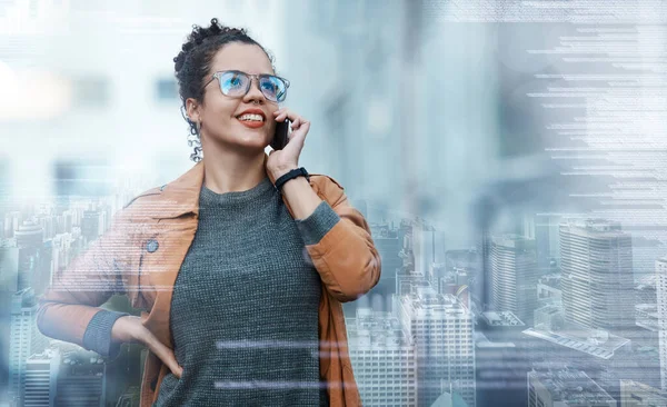 Mujer Negocios Llamada Telefónica Conversación Doble Exposición Ciudad Hablando Sobre — Foto de Stock