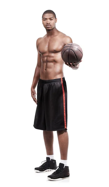 Portrait Beau Jeune Joueur Basket Debout Torse Studio — Photo