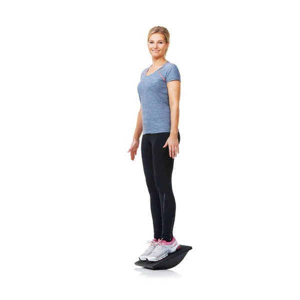 Balancing Her Bosu Health Fitness Pretty Young Blond Standing Balance — Stock Photo, Image