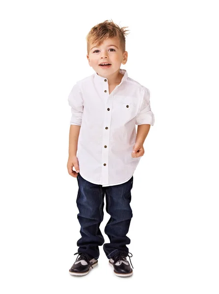 Looking Cool Dude Cute Little Boy Posing White Background — Stock Photo, Image
