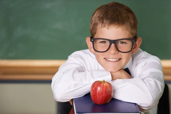 Mejor Clase Colegial Feliz Con Gafas Apoyadas Montón Libros Sonriendo —  Fotos de Stock