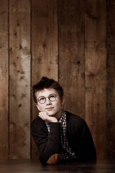 Wondering What Tomorrow Holds Young Boy Wearing Spectacles Thoughtful Expression — Stock Photo, Image